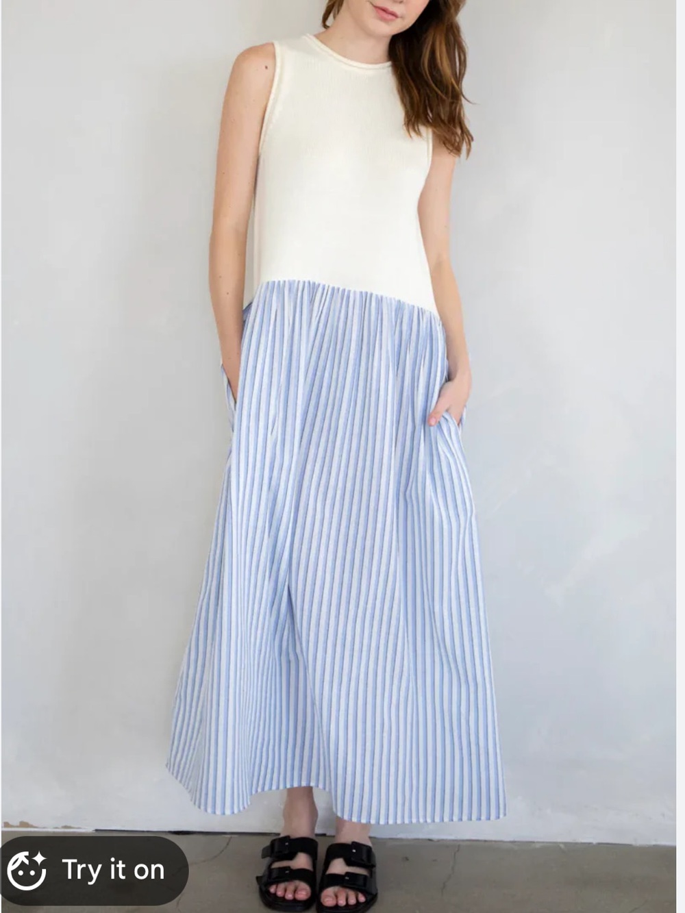 Zara Nora sleeveless knit linen blend blue striped midi dress M